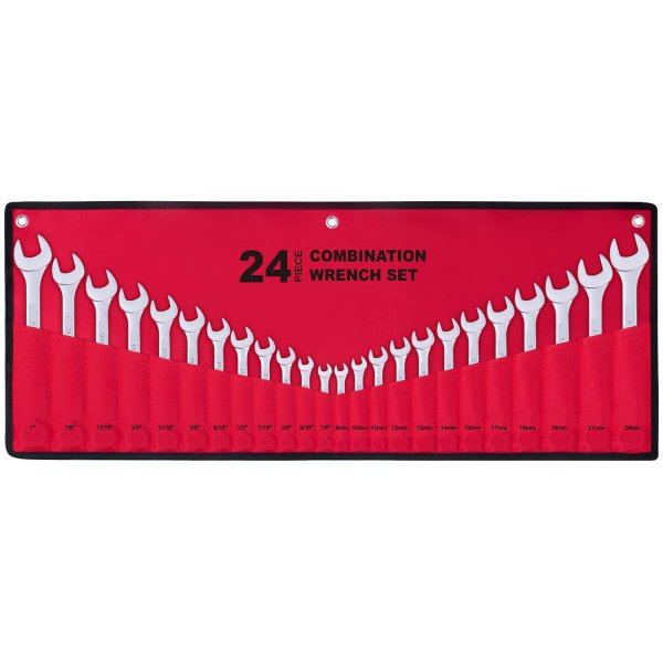 24-Piece All-Purpose Master Combination Wrench Set with Roll-up Pouch | SAE 1/4” to 1”, Metric 8mm to 24mm | Perfect for General Household, Garage, Auto Repairs, Car, Truck, Boat, and Travel Emergency