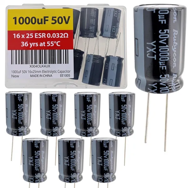 1000uF 50V 16x25mm Rubycon Electrolytic Capacitor Low ESR 0.032Ω Long Life 36yrs at 55 Degree C mfd mircofarad Micro Farad Radial Lead Aluminum Capacitors (Pack of 8)