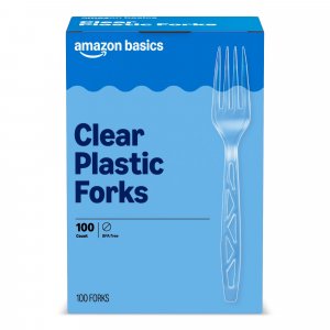 Amazon Basics Disposable Clear Plastic Forks, Premium Quality, 100 Count, Large Pack, Packaging May Vary