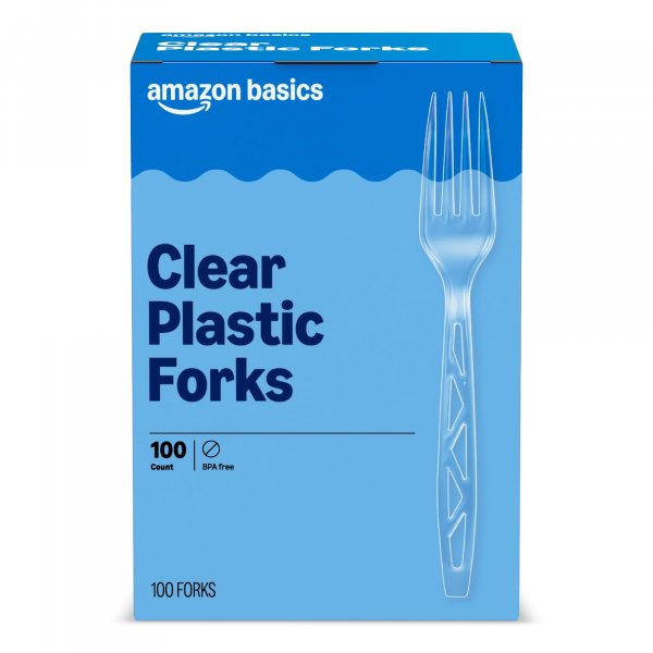 Amazon Basics Disposable Clear Plastic Forks, Premium Quality, 100 Count, Large Pack, Packaging May Vary