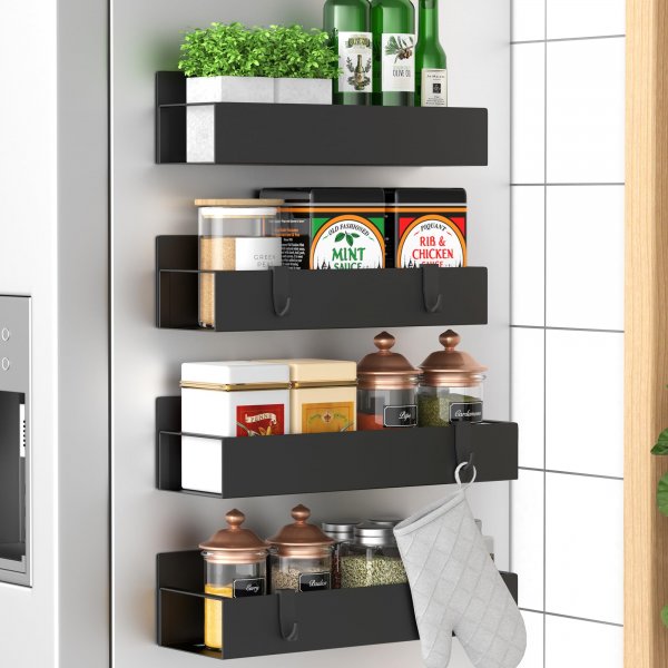 HuggieGems Metal Magnetic Spice Rack for Refrigerator Black, 4 Pack