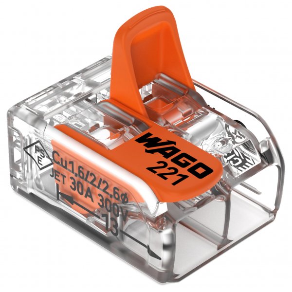 221-612 | WAGO Lever-NUTSsplicing Connector | for Solid and Stranded Conductors | 2-Conductor with Operating levers | 20-10 AWG | Transparent housing | [Box of 50 Pieces]