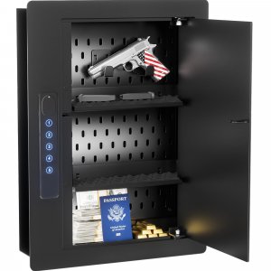 Grimtron Electronic Wall Safe Between 16" Studs with Shelves & Hooks, Black