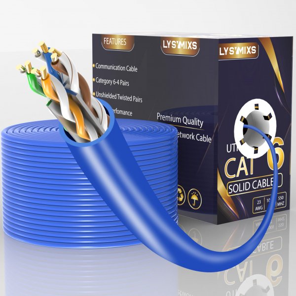 Lysymixs Cat6 Ethernet Cable 1000FT Channel Test Pass, Cat6 1000ft Ethernet Cable 23AWG Solid CCA, Cat6 Cable 550MHZ 10G with Easy Pull Box Blue