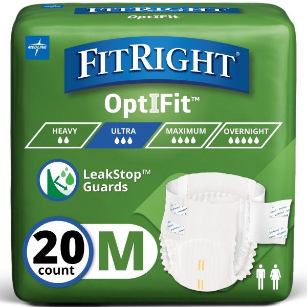 FitRight Ultra Adult Diapers, Disposable Incontinence Briefs, Leak-Proof Diaper, Absorbent Briefs For Men and Women, Maximum Protection, Medium, 32 – 44 in, 20 briefs per bag
