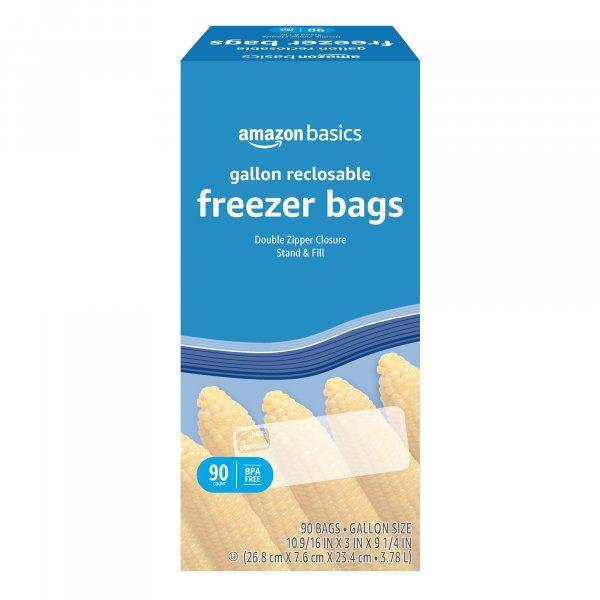 Amazon Basics Reclosable Freezer Gallon Size Bags with Double Zipper Seal, Stand-Up Bottom, BPA Free, 90 Count (Previously Solimo)
