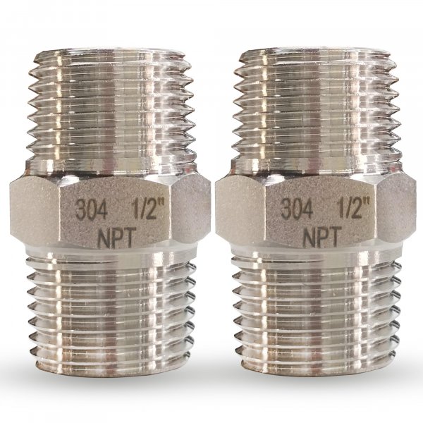 1/2" Male x 1/2" Male Hex Nipple Pipe Fittings, 304 Stainless Steel 1/2 inch NPT Male Threaded Pipe Adapter Fittings Equal Nipples Connectors, Male Straight Connector Pipe Fitting (1/2“, 2pcs)