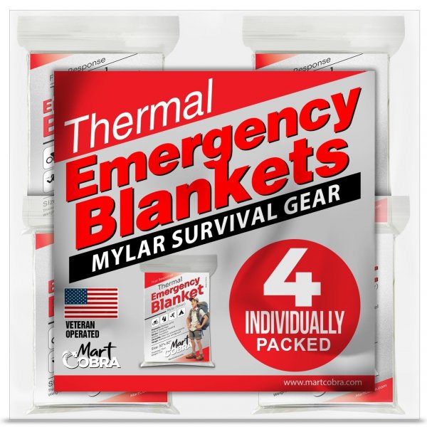 Emergency Blanket Mylar Thermal Space Survival Gear & Supplies 4-Pack Foil