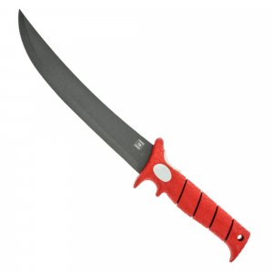 BUBBA 9 Inch Stiff Fillet Knife with Non-Slip Grip Handle, Full Tang Beveled Sushi Style Stainless Steel Non-Stick Thick Blade, Lanyard Hole and Synthetic Sheath for Fishing, Hunting and Cooking