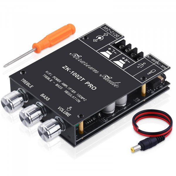 ARRAROWN ZK-1002T RPO 2.0 Channel Bluetooth 5.0 Amplifier Board 200W HiFi Subwoofer Audio AMP with Treble and Bass, BT USB and AUX Inputs, DC 12-24V 2.0 Channel Stereo AMP Module for DIY Speakers
