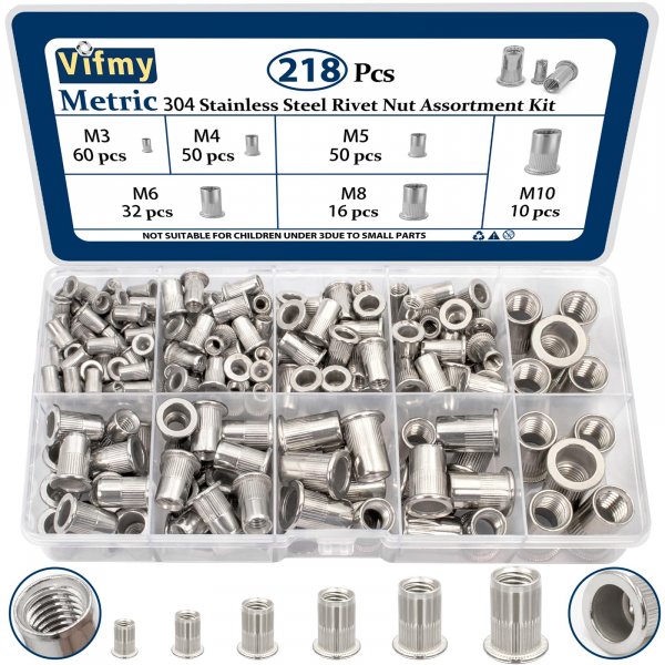 Vifmy M3-M10 Rivet Nut Assortment Kit 218 Pcs 304 Stainless Steel Rivnuts