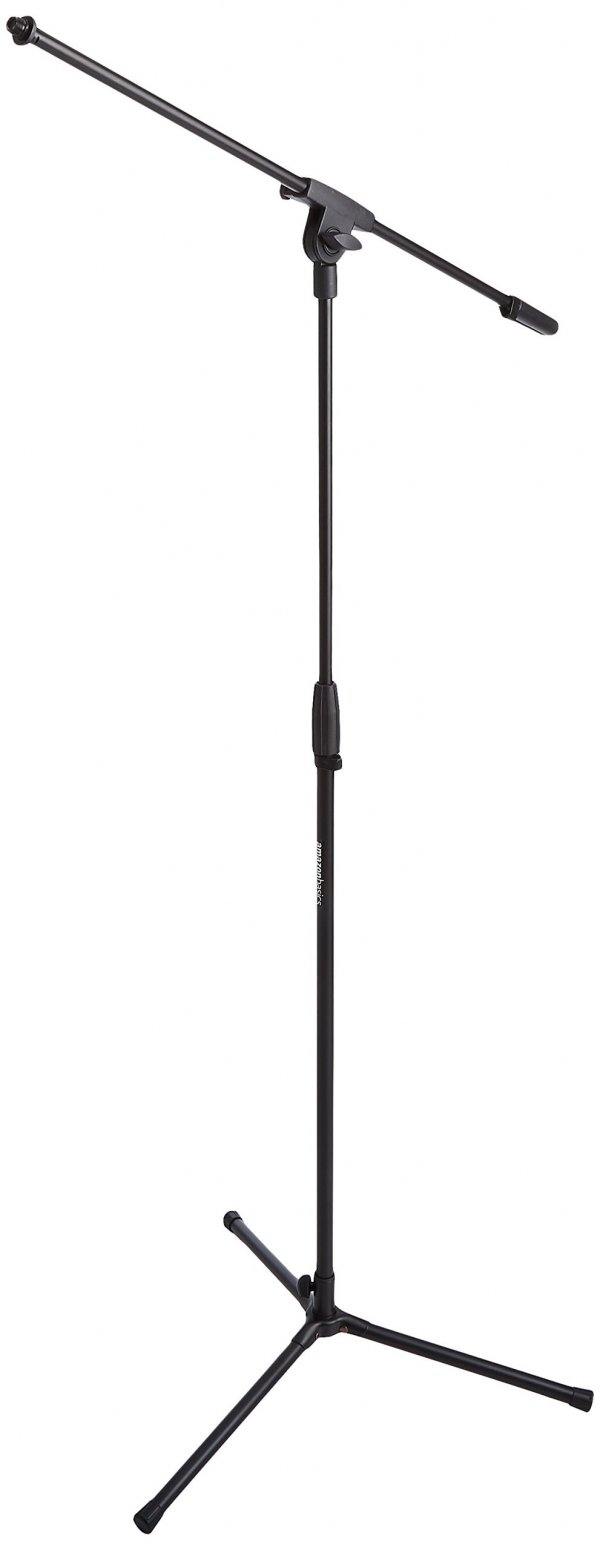 Amazon Basics Sturdy Portable Microphone Boom Arm Stand, Height Adjustable with Cable Management, Foldable Tripod Base, Up to 85.75", Black