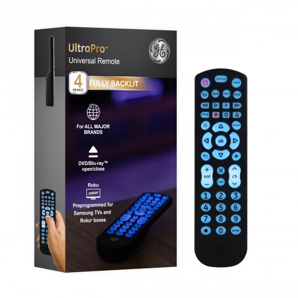 GE Backlit Buttons Universal Remote Control, Samsung TV Remote Control Replacement, Samsung Remote Control for Smart TV, Roku Remote Replacement, Vizio, LG TV, Sony, 4-Device, Black, 40081
