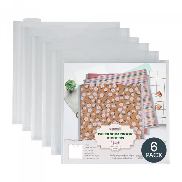 Samsill Scrapbook Paper Storage Organizer, 6 Count of Individual Top Loading Files with Customizable Tabs, Holds 12 x 12 Inch Scrapbook, Vinyl, Photos, Clear, PVC and Acid Free, 6 Pack