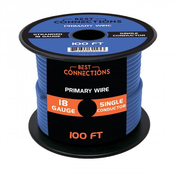 BEST CONNECTIONS Automotive Primary Wire - 100ft (Various Color Options) | Ideal for Trailer, Speaker, and Lighting Circuits | Durable Primary/Remote, Power/Ground Electrical Wiring (18 Guage, Blue)