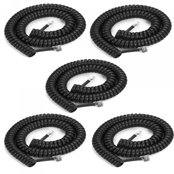 LanSenSu 5 Pack Phone Cord Landline8Ft Uncoiled / 1.4Ft Coiled Landline Phone Handset Cable RJ9 4P4C Telephone Accessory- Black