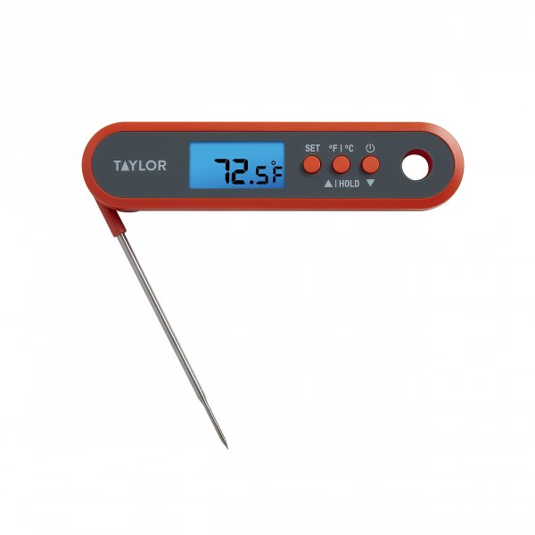 Taylor Digital Waterproof Meat Thermometer for GLP-1 High Protein Meal Prep – Folding Probe for Chicken, Salmon, Steak – Programmable Presets, Backlit Display for Oven, Grill, Orange