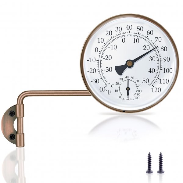 6 Inch Brass Outdoor Thermometer, Outside Decorative Thermometer for Patio, Window, Greenhouse, Garage, Brass Swivel Temperature Gauge with Humidity, Analog Temperature Gauge