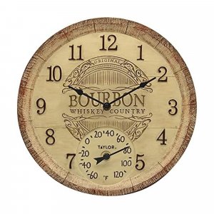 Taylor Precision Products 92693T 14-Inch Clock with Thermometer (Bourbon Barrel)