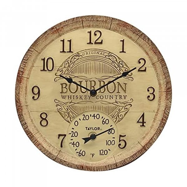 Taylor Precision Products 92693T 14-Inch Clock with Thermometer (Bourbon Barrel)