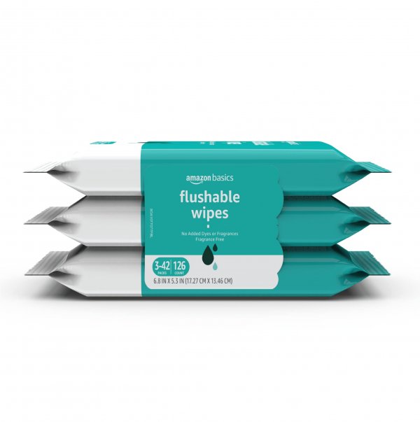 Amazon Basics Adult Wet Wipes Flushable formulated without Fragrance, 126 Count (3 Packs of 42) Packaging May Vary