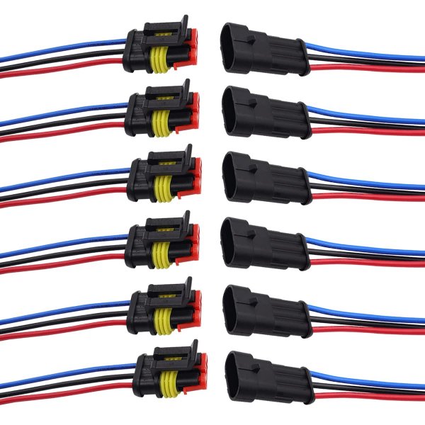 mxuteuk 6 Pack 3 Pin Plug Car Waterproof Electrical Connector,16 AWG Male Auto Female Adapter with 10cm Wiring Harness Sockets Wire for Truck,Car, Boat DJ7031-X