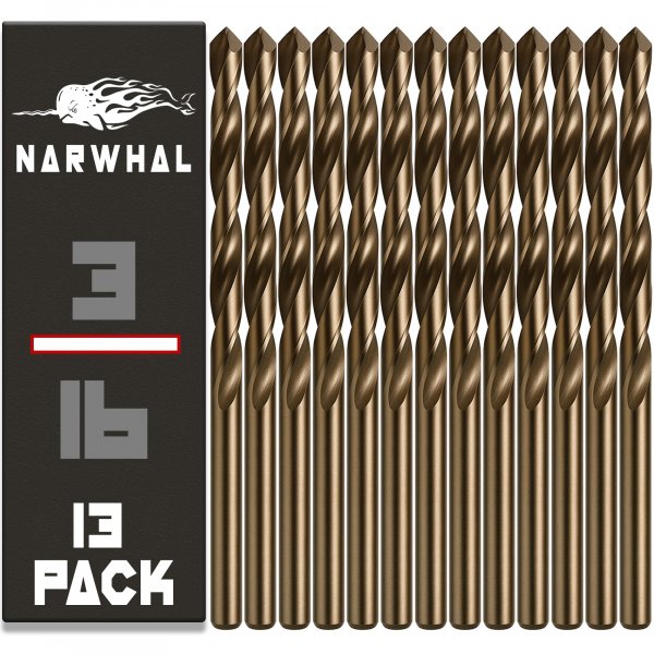 Narwhal 3/16 Inch Cobalt Drill Bits (13 Pack - Industrial Grade M35 Cobalt) 3-3/8" Length & 135 Degree Split Point for Drilling Into Metal, Hardened & Stainless Steel, Cast Iron, & More!