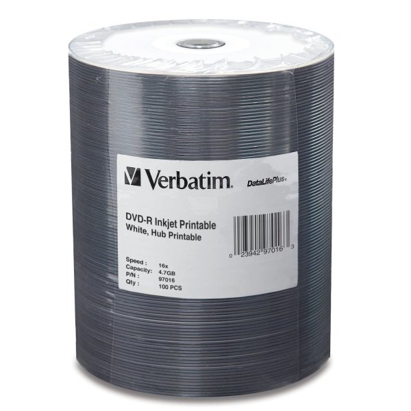 Verbatim DVD-R Blank Discs 4.7GB 16X DataLifePlus White Inkjet Printable Recordable Disc Hub Printable - 100pk Tape Wrap