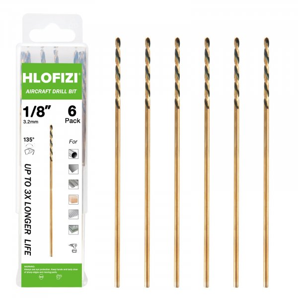 HLOFIZI 1/8" x 6" Extra Long Drill Bit (6 Pack), Aircraft Extension Drill Bits M2 High Speed Steel for Wood, Soft Metal, Plastic