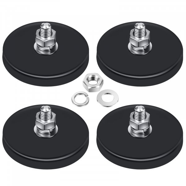 Flutesan Neodymium Magnet Rubber Coated Mounting Small Scratch Safe Black Stud Magnet Painted Surface Waterproof M6 Threaded with Bolts Nuts for Lighting Camera Tools(4 Packs,Black,1.69 Inch)
