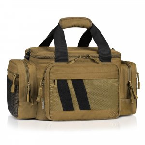 Savior Equipment Specialist Series Tactical Triple Pistol Shooting Range Hunting Duffle Bag Gun Carrying Case, Rigid Compartment Frame, Lockable Zippers (Dark FDE, 18" x 9" x 12" Range Bag)