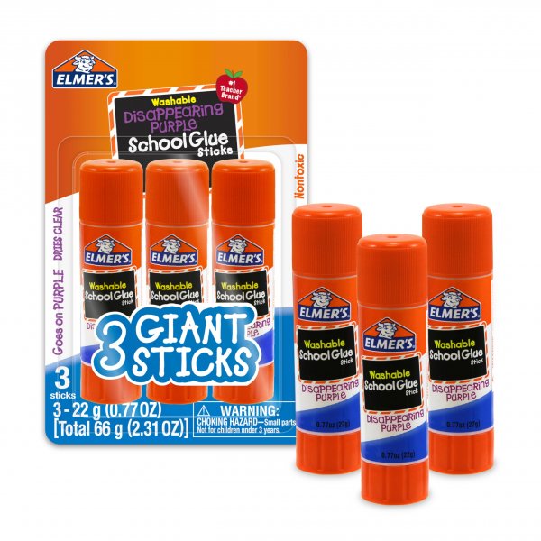 Elmer's Disappearing Purple School Glue Sticks, Washable, 22 Grams, 3 Count - Poster, Vision Board, Back to School Supplies, #1 Teacher Brand