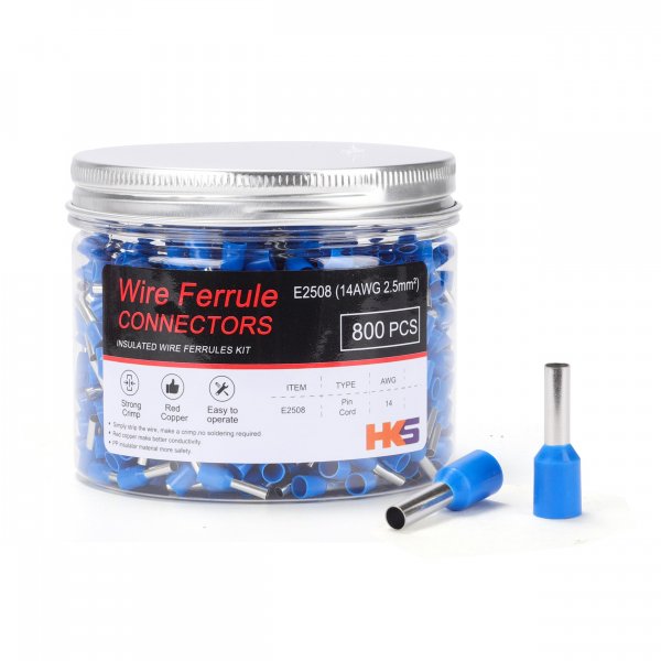 HKS 800PCS Wire Ferrule Connectors - AWG 14-2.5mm² Copper Barrel Pin Cord Ends Insulated Ferrules Terminals - E2508 Blue
