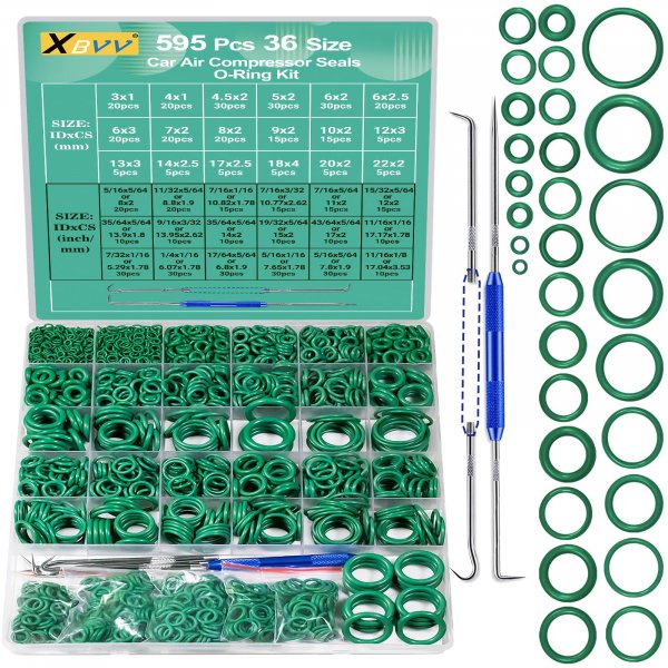 XBVV 595 Pcs Metric and SAE Air Conditioning O-Ring Kit for Automotive A/C, Compressor and Professional Faucet Plumbing Seal O Rings Repair with O-Ring Picks,Resist Oil and Heat