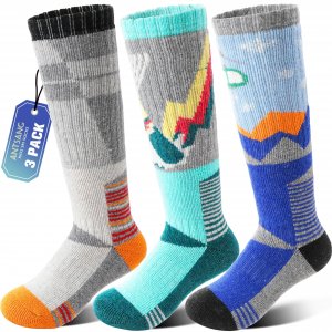 ANTSANG 3 Pairs Kids Merino Wool Ski Socks, Boys Girls Thermal Warm Socks