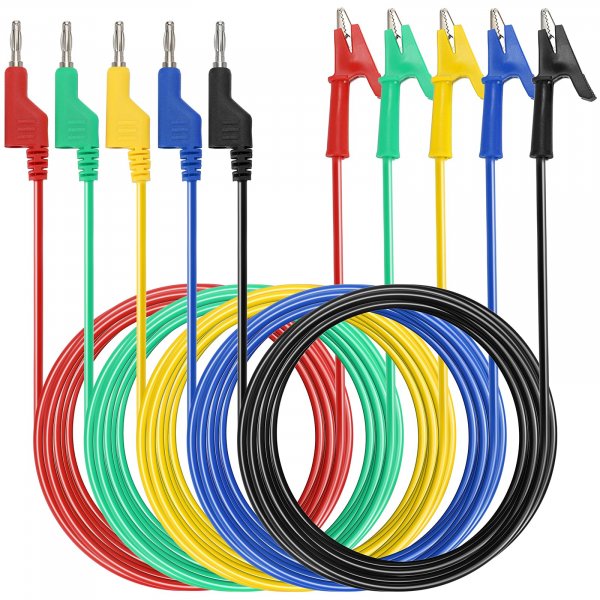 Sumnacon Multimeter Banana Plug to Crocodile Alligator Clip Test Probe, 5PC 4mm Stackable Colorful Silicone Banana Plug to Alligator Clip Test Probe Lead Wire Cable 6.6Ft/2M
