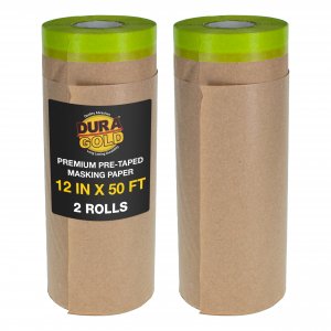 Dura-Gold Pre-Taped Masking Paper for Painting (12" x 50', 2 Rolls) - Tape and Drape Painters Paper, Protective Covering, Overspray Barrier for Home Renovation Projects, Walls Doors, Furniture, Cars