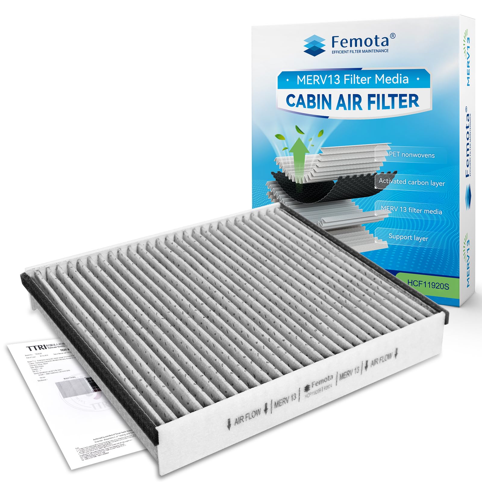 Femota MERV 13 Cabin Air Filter with Activated Carbon, CF11920 Replacement for Ford Escape, Focus, Transit Connect, C-Max, GT, Lincoln MKC.