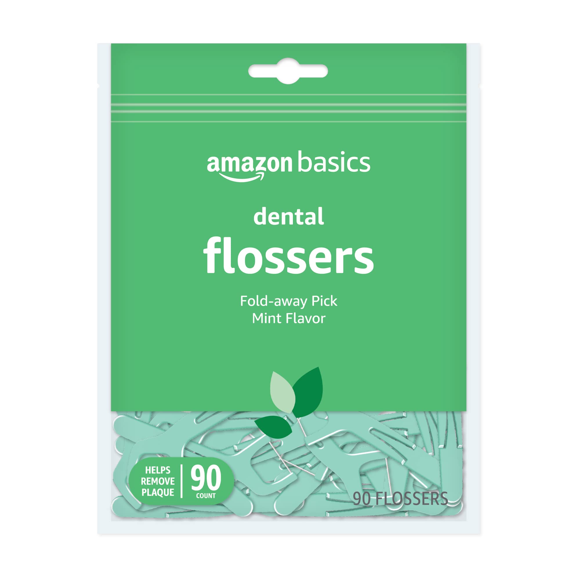 Amazon Basics Mint Dental Flossers, Shred Resistant, Slides Easily Between Teeth, with Fold-Away Pick, 90 Count, 1-Pack (Previously Solimo)