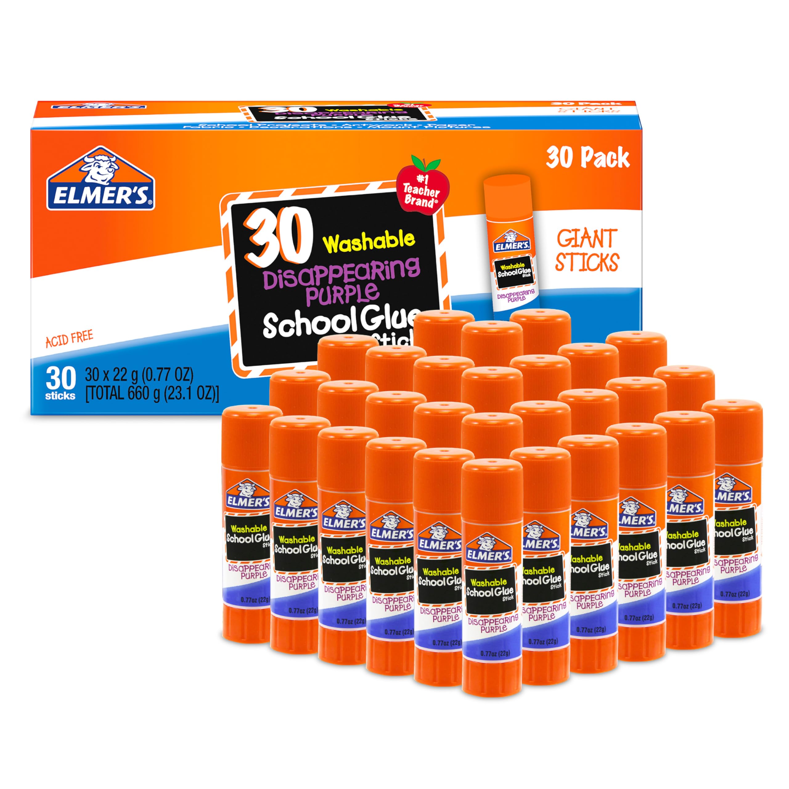 Elmer's Disappearing Purple School Glue Sticks, Washable, 22 Grams, 30 Count - Classroom Essentials, Arts & Crafts, #1 Teacher Brand