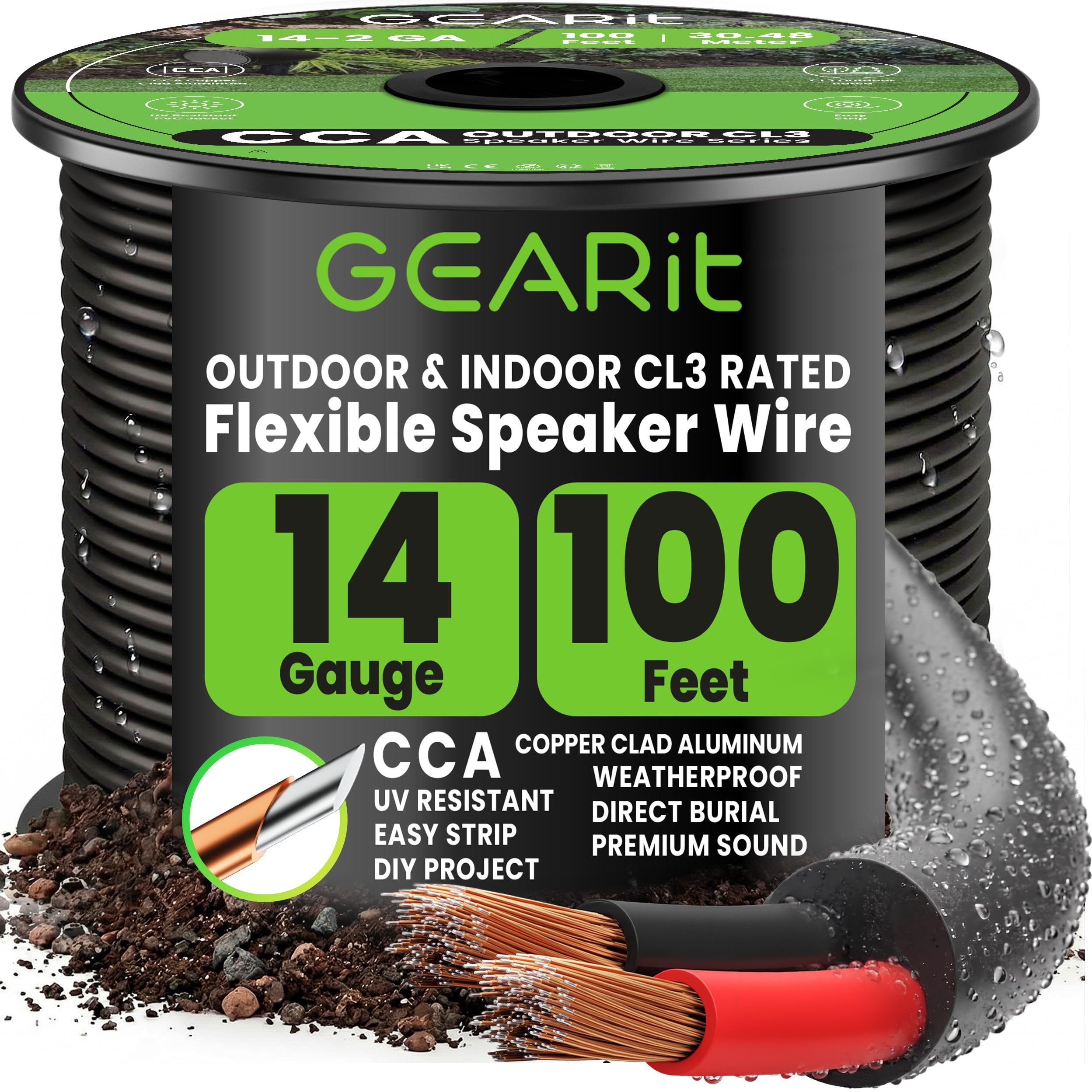 GEARit 14 Gauge Speaker Wire Cable,14 Gauge Wire CL3 Rated 100ft,Audio Cable with Red/Black Color Coded,Outdoor Speaker Wires for Home,Car,Outdoor,Patio,Garden,In-Wall,Backyard,CCA(Black,2-Conductors)