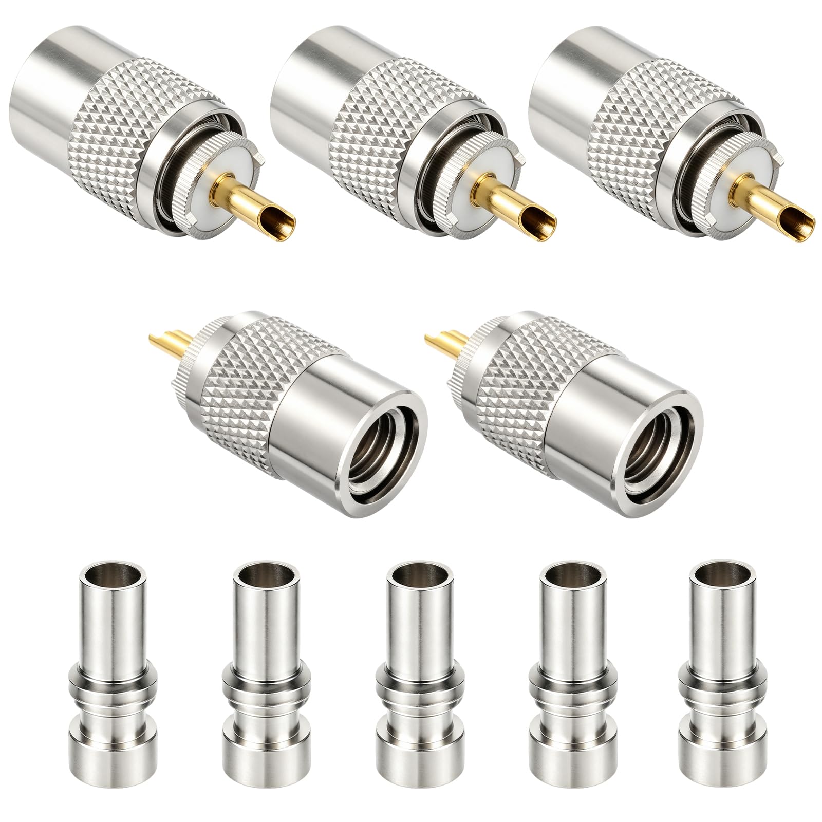 RFAdapter PL 259 Connectors, 5 Pack PL-259 UHF Male Solder Connector Plug with Reducer, Teflon Material 50ohm for RG59, RG8, RG8x, LMR-400, RG-213 Coaxial Cable Compatiable with Ham Radio Antenna