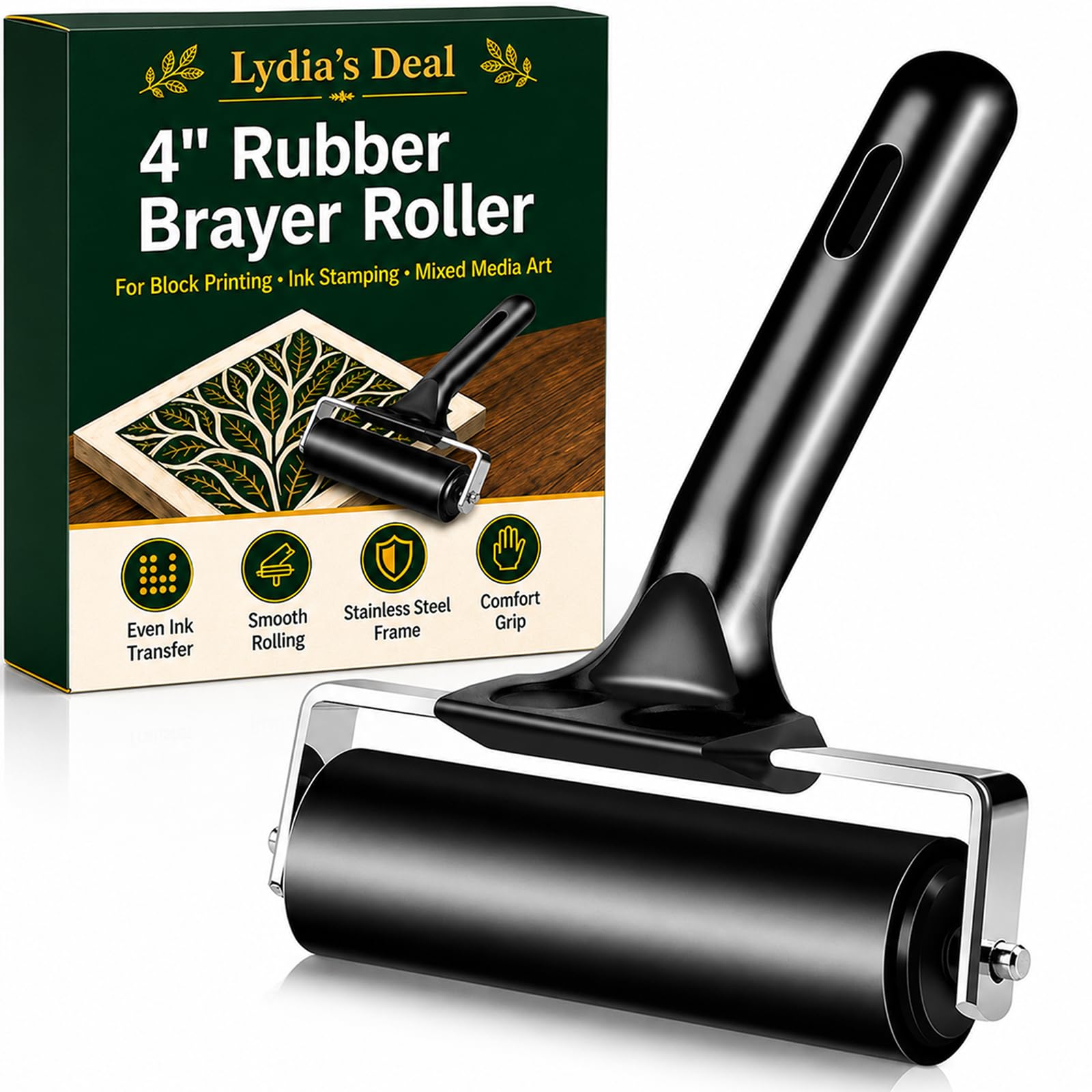 4 Inch Rubber Roller Brayer Rollers for Crafting, Hard Rubber Rollers for Printmaking, Printing, Gluing and Stamping Tools, Boat Flooring & Wallpaper (Original Version, Black)