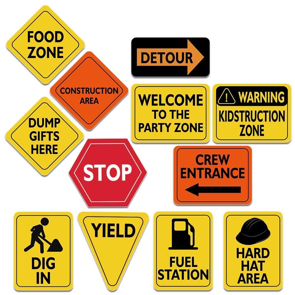 WERNNSAI 12PCS Construction Party Decorations Truck Wall Decor Road Signs