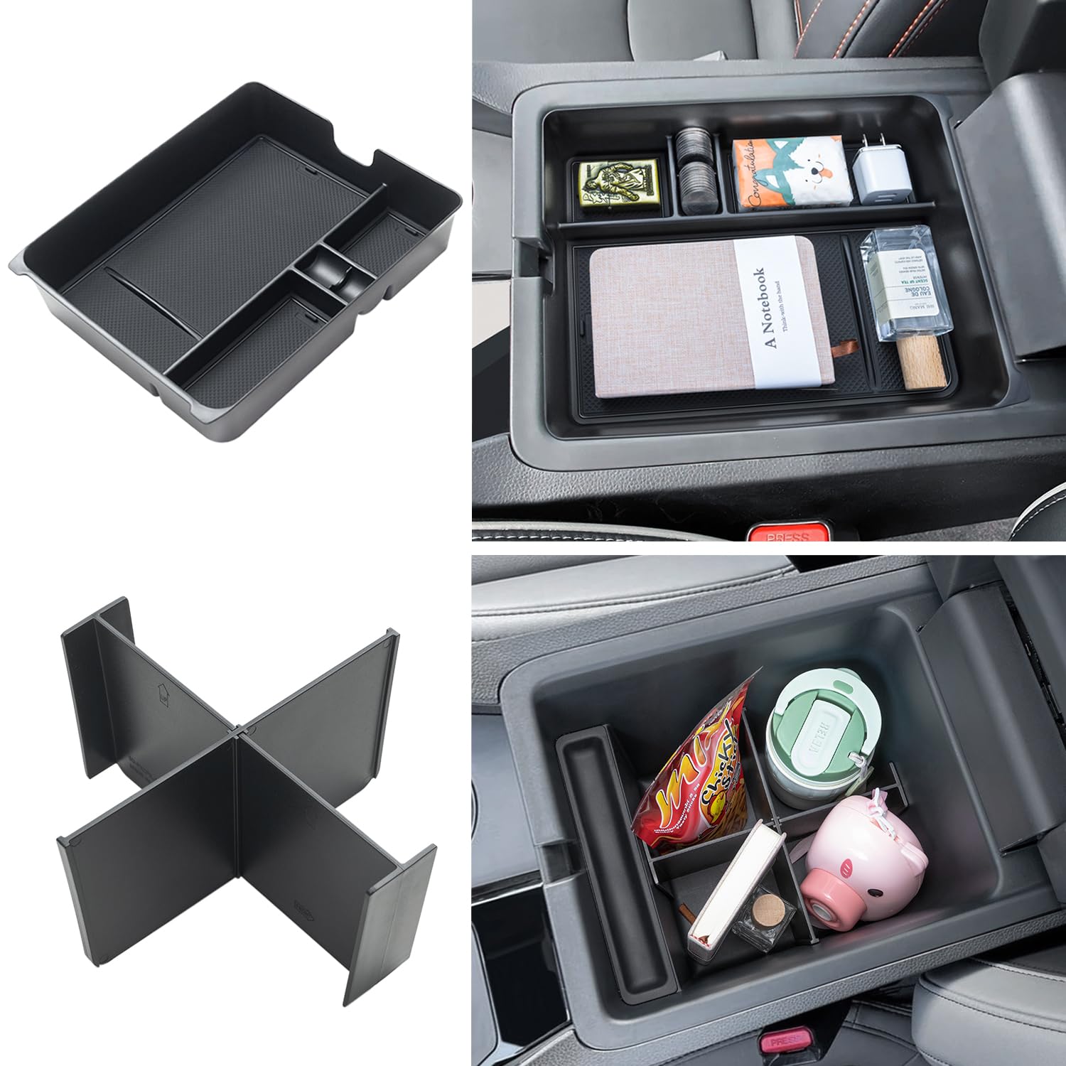 PIMCAR 2-Piece Center Console Organizer & Armrest Divider Set for 2023-2026 Honda Pilot, 2024-2026 Honda Passport/Ridgeline, Custom Fit Durable ABS Plastic Storage Tray