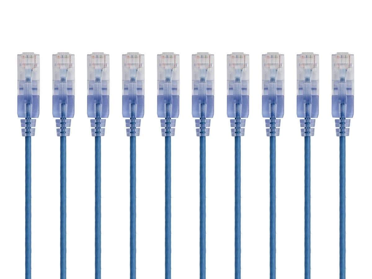 Monoprice Cat6A Ethernet Patch Cable - Snagless RJ45, 550Mhz, 10G, UTP, Pure Bare Copper Wire, 30AWG, 10-Pack, 1 Feet, Blue - SlimRun Series