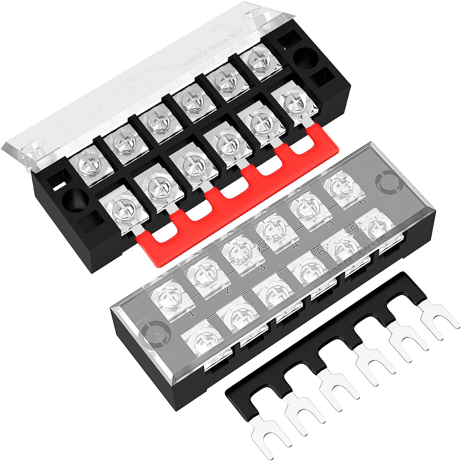 Joinfworld 35A Terminal Block 6 Position Screw Terminal Strip Dual Row with Cover & 6 Position Pre-Insulated Terminal Jumper Block - 2 Pack