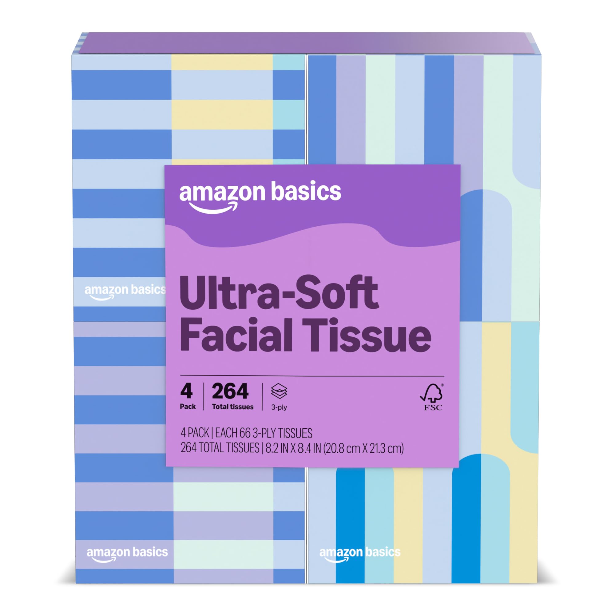 Amazon Basics Ultra-Soft 3-Ply Premium Facial Tissues, 264 Count (4 Cube Boxes of 66) (Previously Presto!)