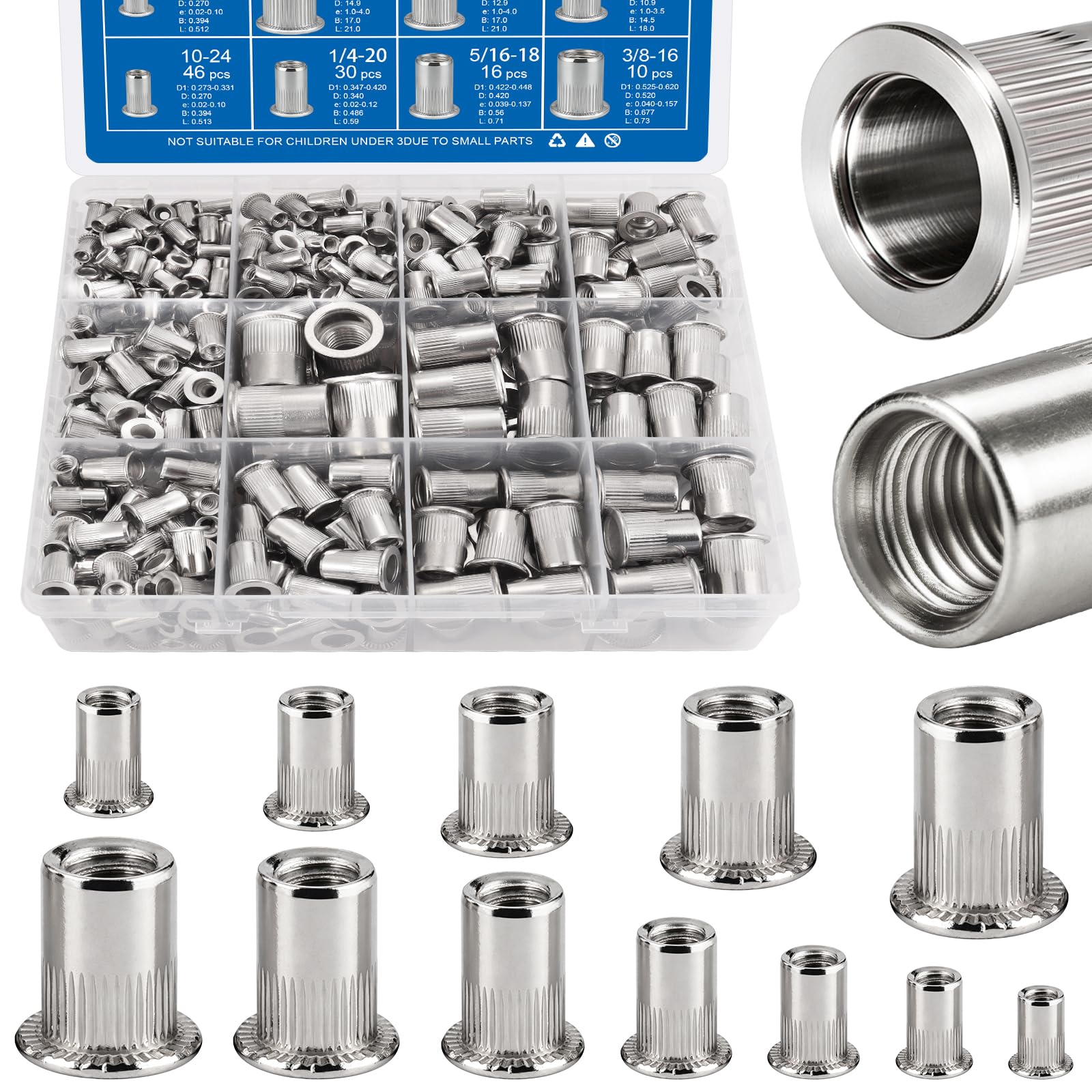 DFDU 390Pcs Rivet Nut Kit, Metric & SAE Rivnut Assortment Set M3 M4 M5 M6 M8 M10 M12#8-32#10-24 1/4"-20 5/16"-18 3/8"-16 304 Stainless Steel Nutsert Flat Head Threaded Inserts for Metal, Automotive