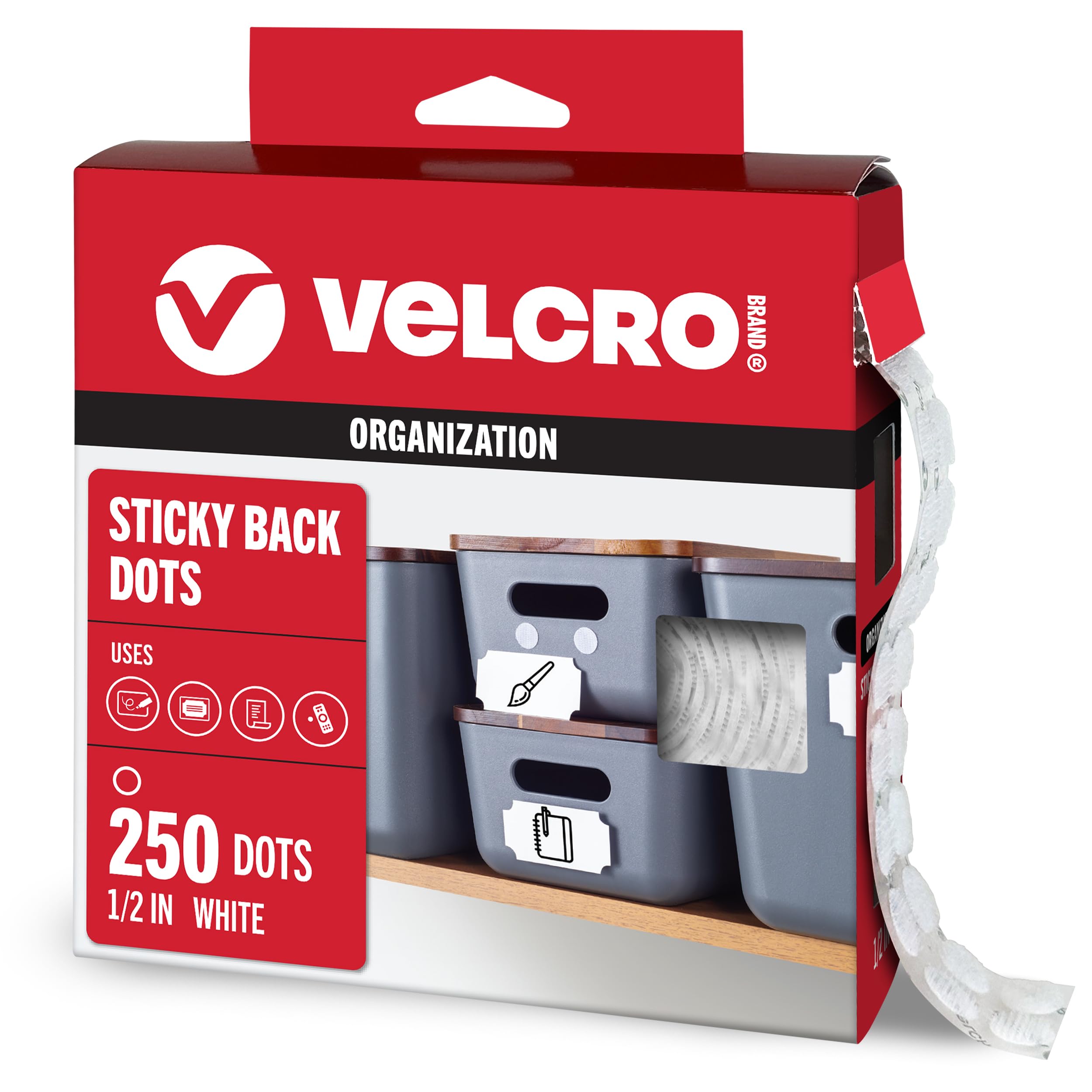 VELCRO Brand Dots with Adhesive, White, Small 1/2 in Circles, 250 Pk